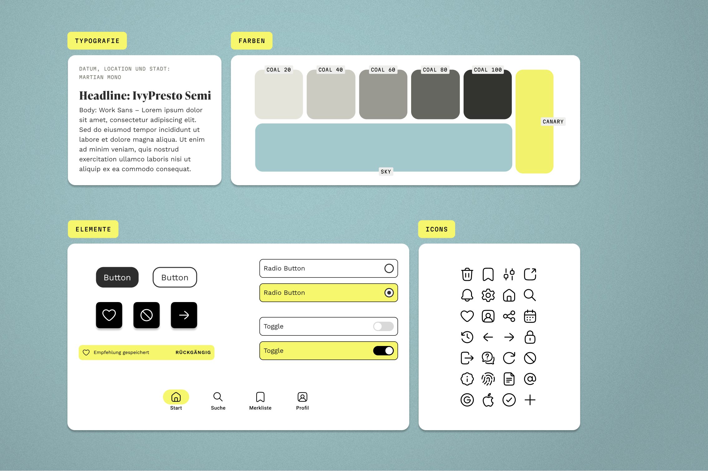 Design System von Kumpel: Typografie (IvyPresto, Work Sans, Martian Mono), Farben (Coal 20 bis 100, Sky, Canary), UI-Elemente wie Buttons, Radio Buttons, Toggles und Navigation sowie das Icon-Set