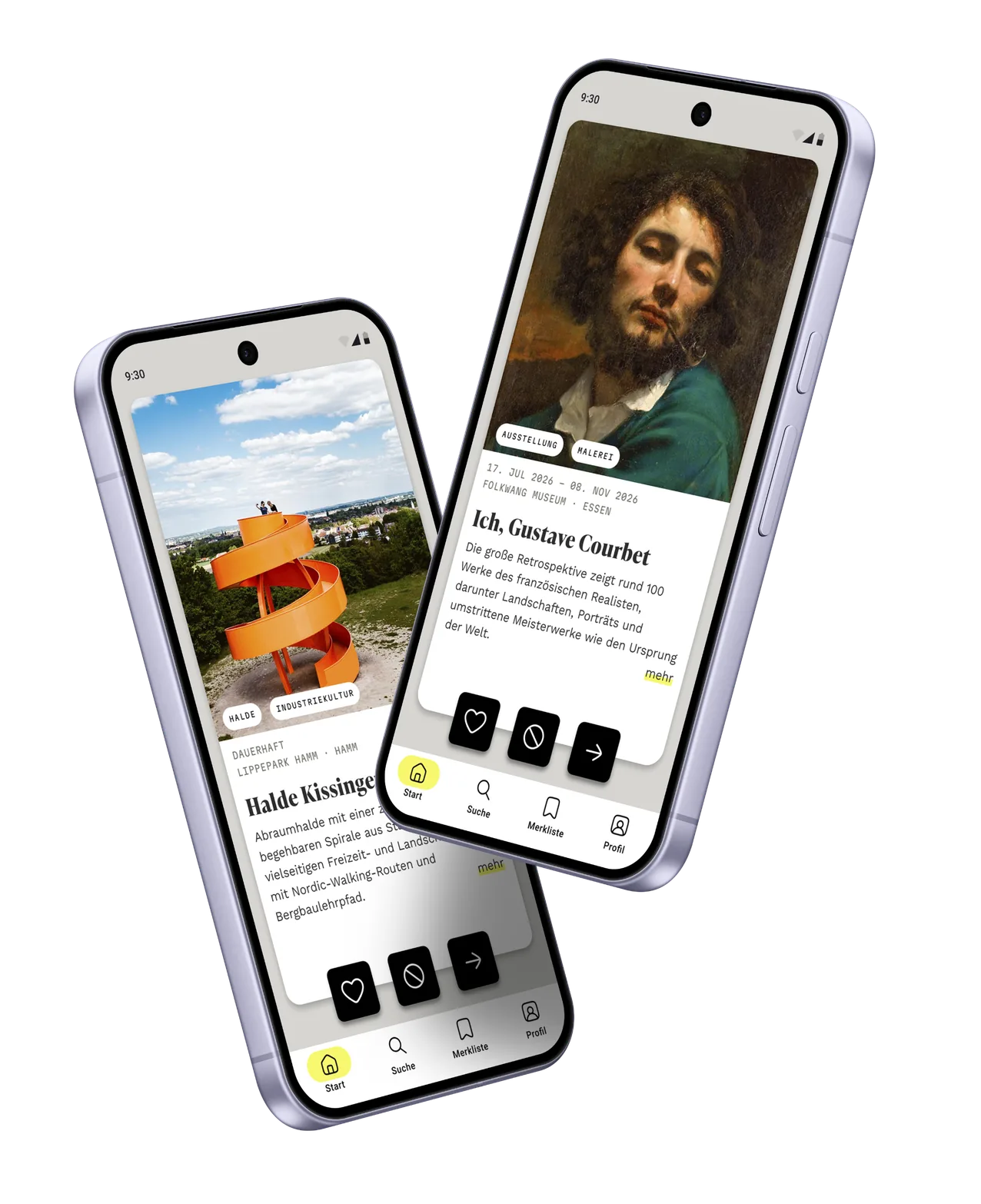 Zwei Smartphones mit der Kumpel-App: Empfehlungen für die Halde Kissinger Heide und die Ausstellung „Ich, Gustave Courbet“