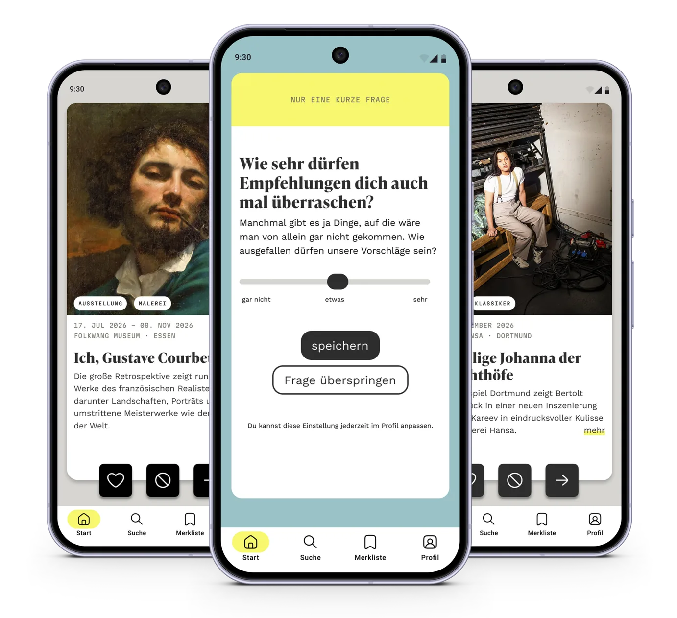 Drei Smartphones; in der Mitte die Zwischenfrage „Wie sehr dürfen Empfehlungen dich auch mal überraschen?“ mit einem Schieberegler