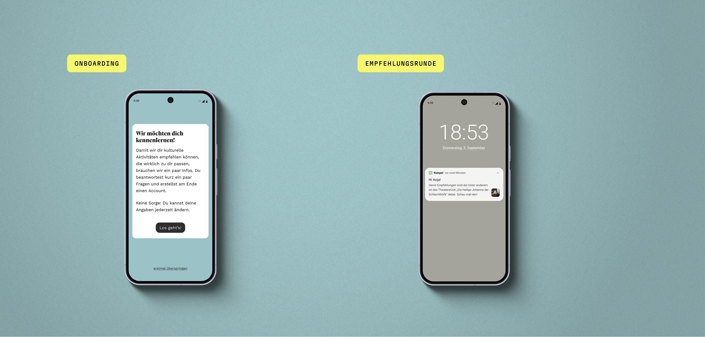 Zwei Smartphones: links der Startscreen des Onboardings „Wir möchten dich kennenlernen!“, rechts eine Push-Mitteilung von Kumpel auf dem Sperrbildschirm