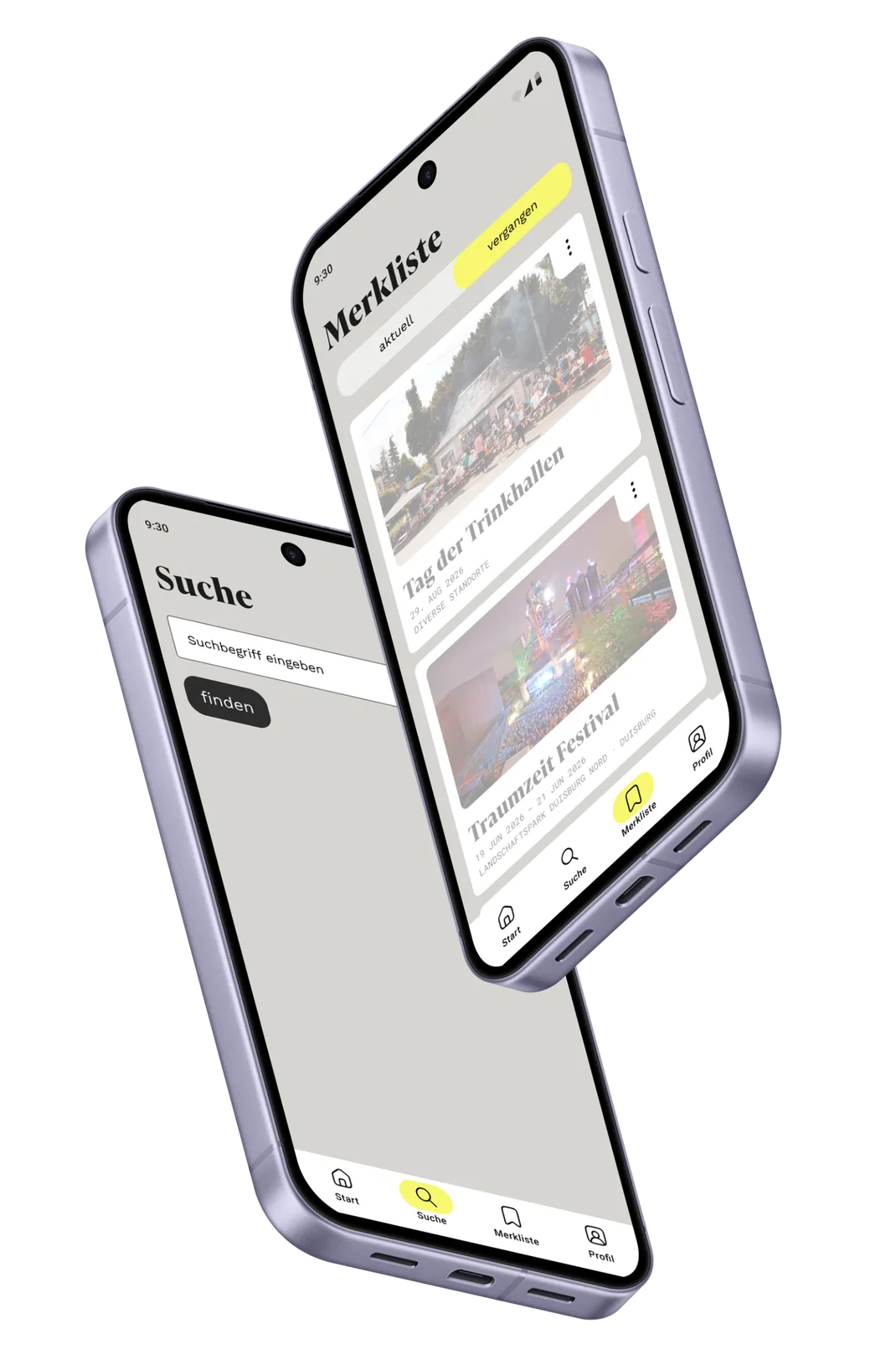 Zwei Smartphones mit der Suche und der Merkliste der Kumpel-App