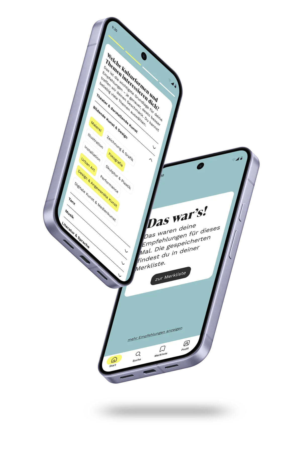 Zwei Smartphones: Auswahl der Kulturformen im Profil und der Abschluss-Screen „Das war’s!“ nach einer Empfehlungsrunde