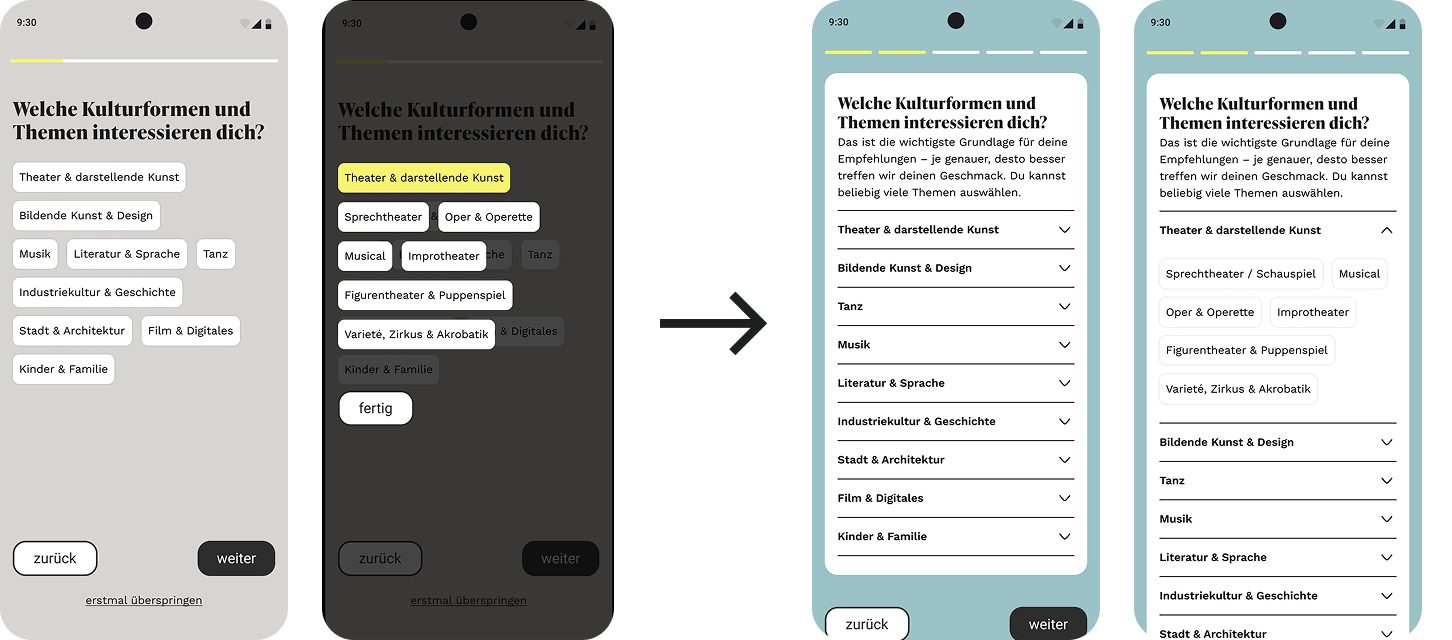 Vorher: Auswahl der Genres als Overlay. Nachher: Auswahl der Genres als Akkordeon