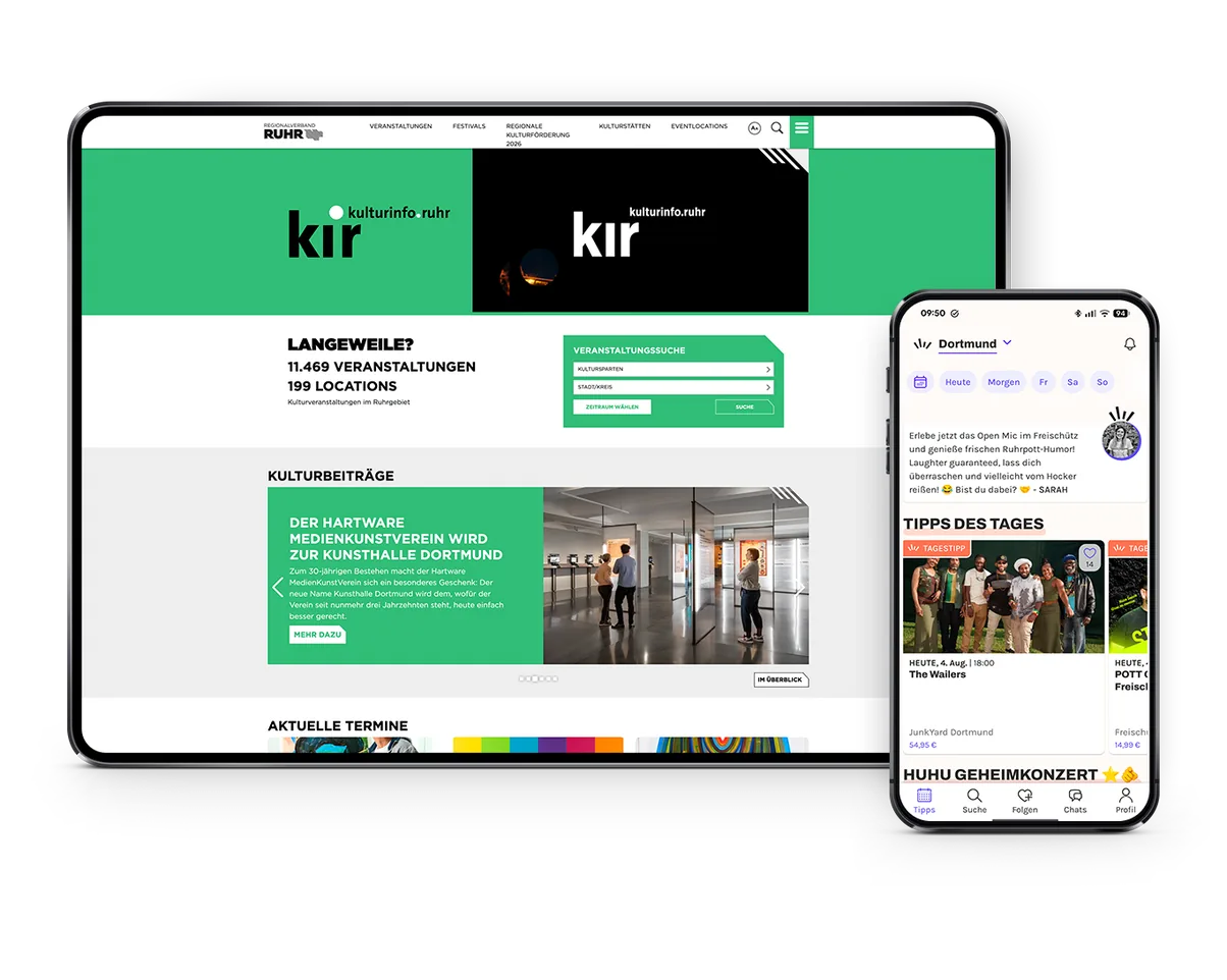 Tablet mit der Website Kulturinfo Ruhr und Smartphone mit der App Rausgegangen